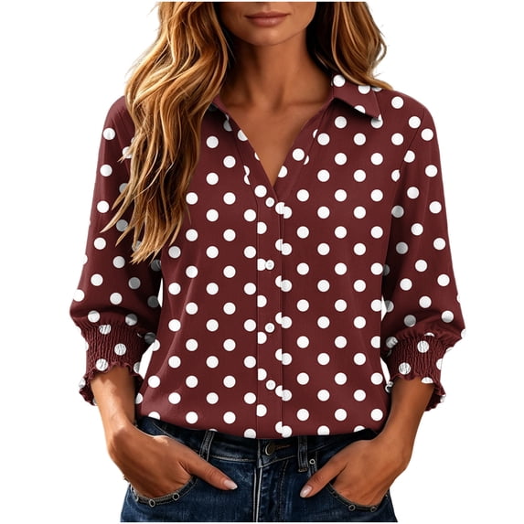 JSheng Women's Polka Dot Button Down Shirt Lapel Collar 3/4 Sleeve Ruffle Cuff Casual Top 01-Wine S