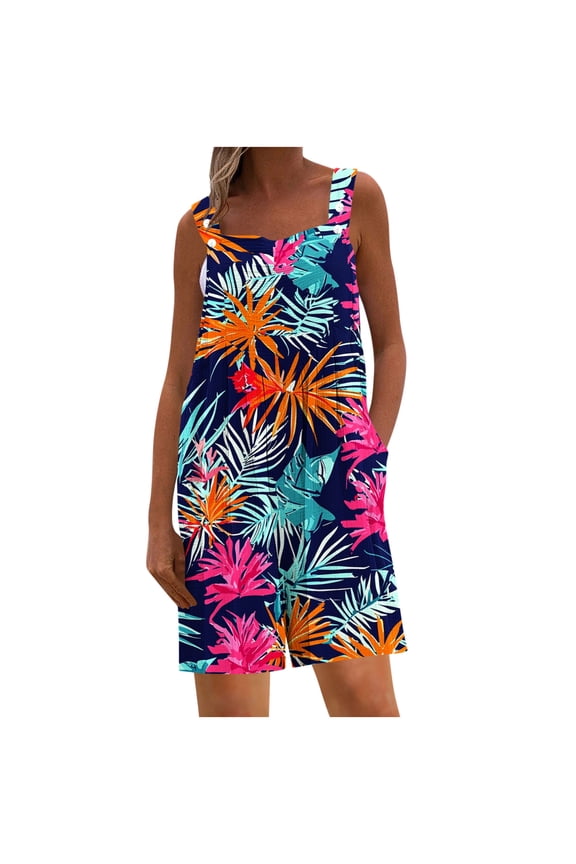 Women’s Print ed Romper Sleeveless Square Neck Short Jumpsuit with Pockets for Beach Wear A-Orange XL