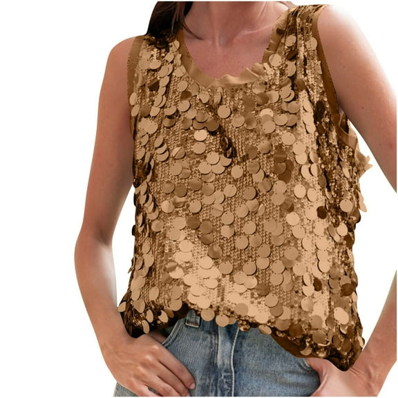 JSheng Women's Sequin Sleeveless Top Fashion Casual Round Neck Solid Color Loose Pullover Top with Sequins Brown XL