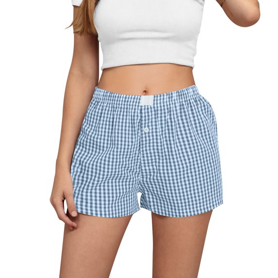 JSheng Women's Shorts Stretchy Casual Summer Shorts Retro Checkered Comfort Stretch Shorts for Women Light Blue S