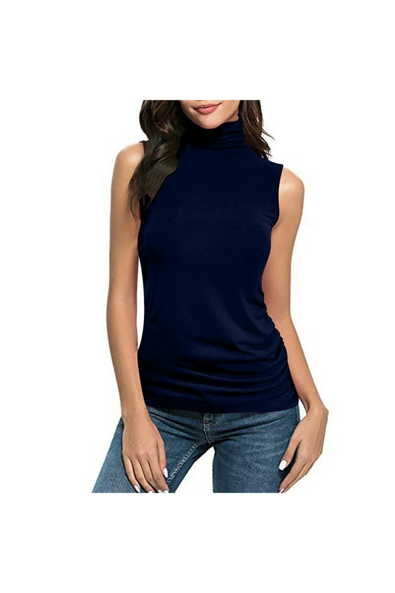 Women's Sleeveless Tops Fashion Casual Solid Color Crew Neck Turtleneck Tank Top for Daily Wear Dark Blue L