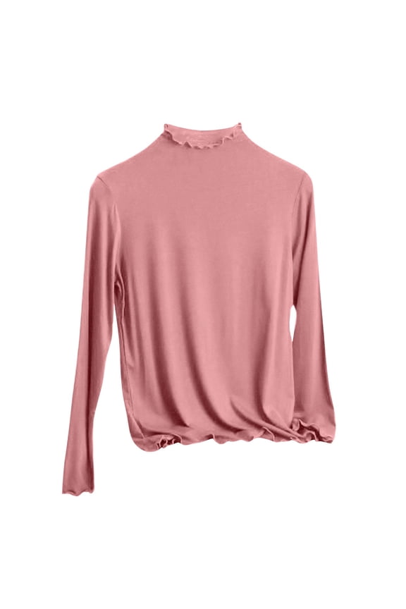 Women's Slim Inner Top Fashion Half High Neck Solid Color Long Sleeved Base Thermal Blouse Pink XXL