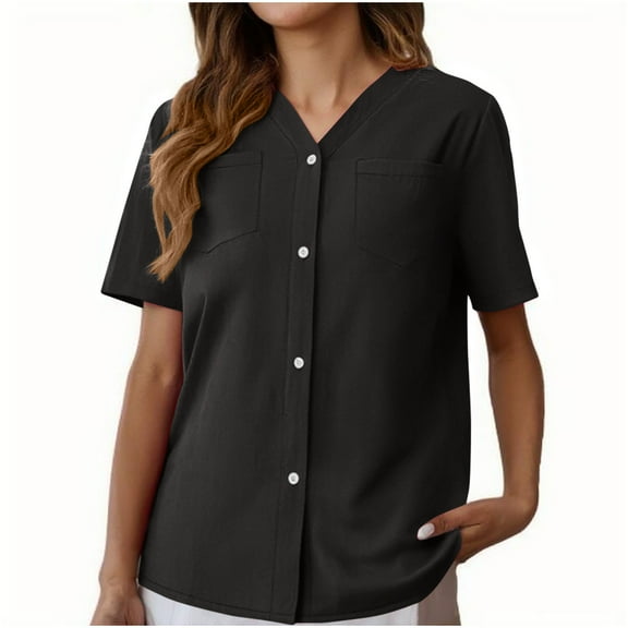 JSheng Women's Solid Button Blouse Casual Solid Color Cotton And Linen V-neck Chest Pocket Button Cardigan Short Sleeved Blouse Black XL