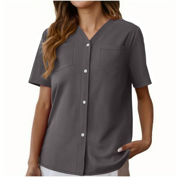 JSheng Women's Solid Button Blouse Casual Solid Color Cotton And Linen V-neck Chest Pocket Button Cardigan Short Sleeved Blouse Gray L