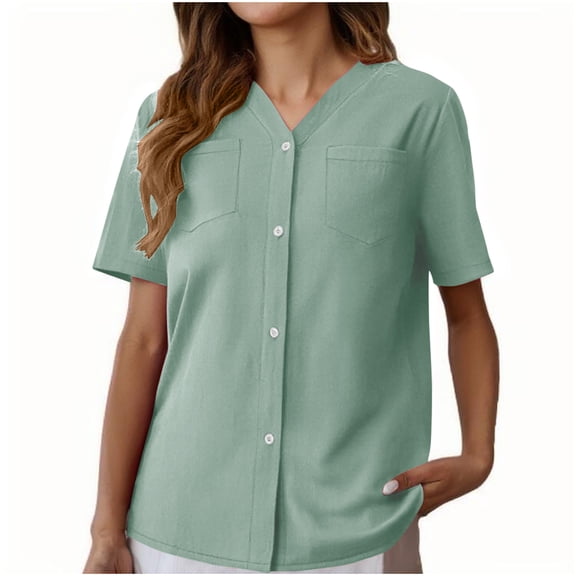 JSheng Women's Solid Button Blouse Casual Solid Color Cotton And Linen V-neck Chest Pocket Button Cardigan Short Sleeved Blouse Green M