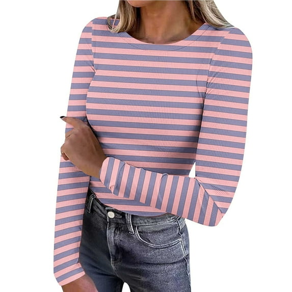JSheng Women's Striped Tops Fashion Elastic Casual Round Neck Long Sleeve kintted Versatile T-shirt Top Pink L