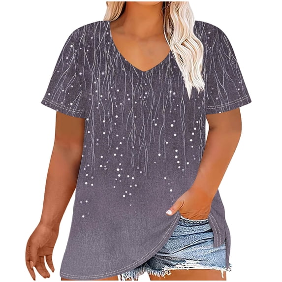JSheng Women's Tops Plus Size T-shirts Summer Short Sleeve V-Neck Printing Casual Loose Tee Shirts Light Blue XXXXXL