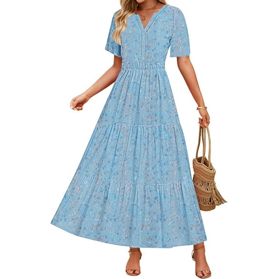 JSheng Women's Summer Casual Dress Fashion Printed Short Sleeve V-Neck Elastic Waist Pleated Dresses with Pockets Light Blue XXL