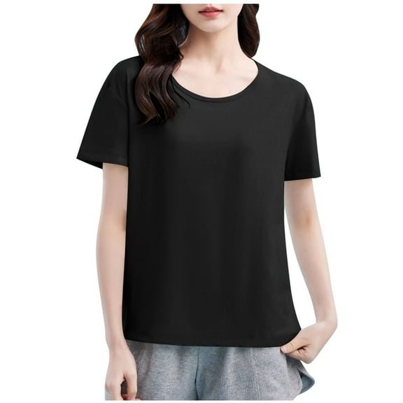 JSheng Women's Summer Casual T-shirt Solid Color Round-Neck Short Sleeve Top Lightweight & Comfortable Black XXL