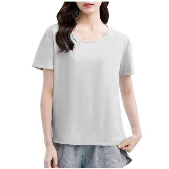 JSheng Women's Summer Casual T-shirt Solid Color Round-Neck Short Sleeve Top Lightweight & Comfortable Purple M