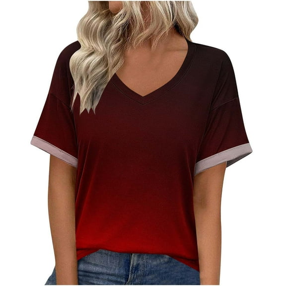 JSheng Women's Summer Casual Tops 2025 Trendy Women's Summer Casual V-neck Short Sleeved Gradient Color T-shirt Tops Wine L