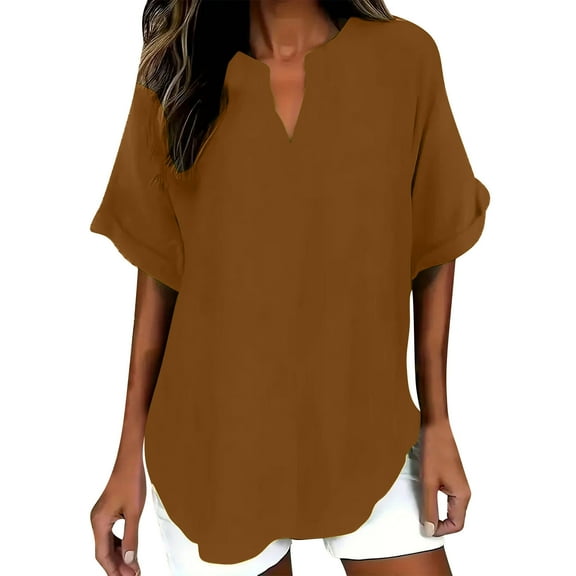 JSheng Women's Summer Loose Top Fashion Solid Color Casual V-Neck Loose Comfortable Soft T-shirt Blouse Coffee S