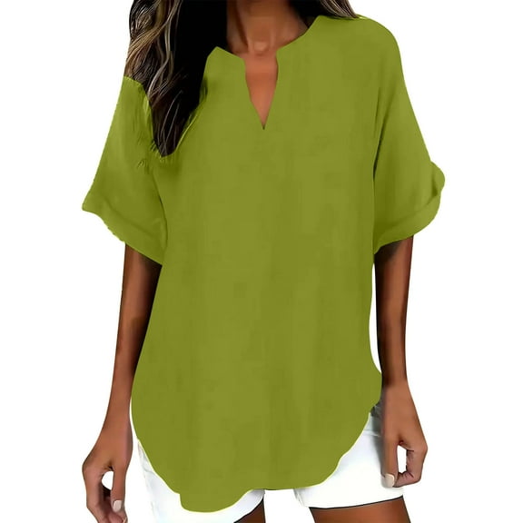 JSheng Women's Summer Loose Top Fashion Solid Color Casual V-Neck Loose Comfortable Soft T-shirt Blouse Green S