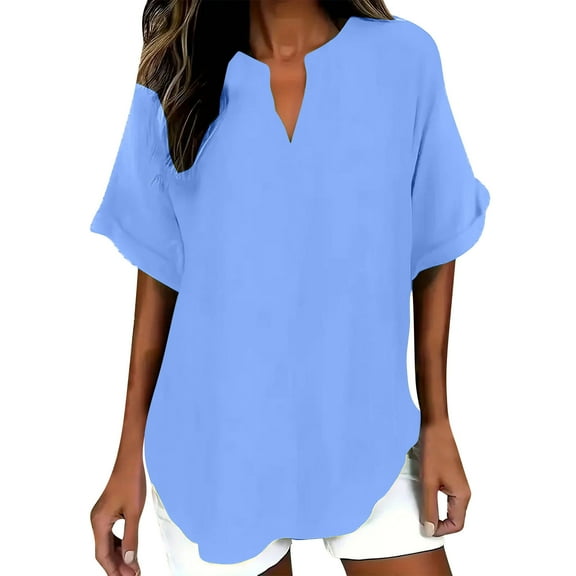 JSheng Women's Summer Loose Top Fashion Solid Color Casual V-Neck Loose Comfortable Soft T-shirt Blouse Light Blue XL