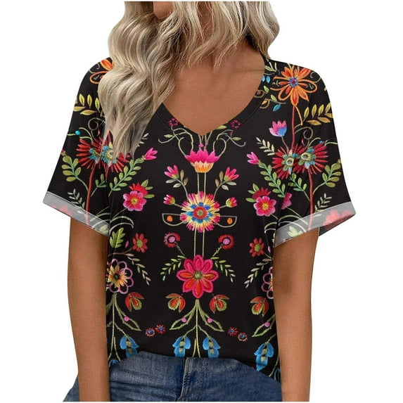 JSheng Women's Summer Printed Tops 2025 Trendy Women's Summer Casual V-neck Short Sleeved Printed T-shirt Tops Black S