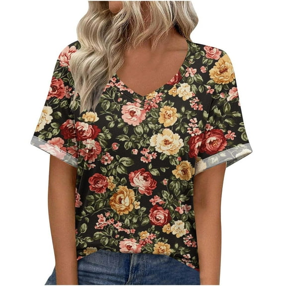 JSheng Women's Summer Printed Tops 2025 Trendy Women's Summer Casual V-neck Short Sleeved Printed T-shirt Tops Brown L