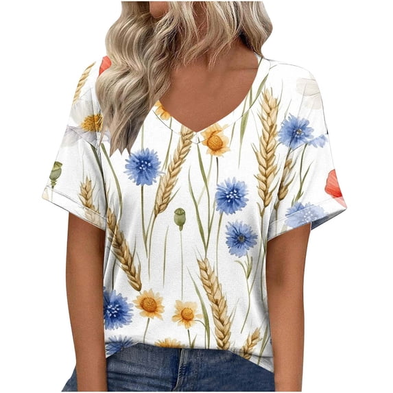 JSheng Women's Summer Printed Tops 2025 Trendy Women's Summer Casual V-neck Short Sleeved Printed T-shirt Tops Multicolor L