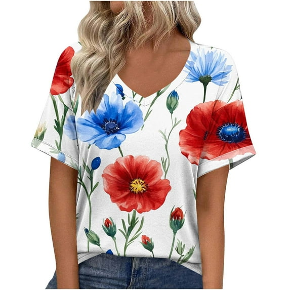 JSheng Women's Summer Printed Tops 2025 Trendy Women's Summer Casual V-neck Short Sleeved Printed T-shirt Tops Red L