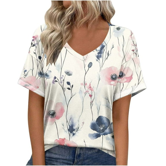 JSheng Women's Summer Printed Tops 2025 Trendy Women's Summer Casual V-neck Short Sleeved Printed T-shirt Tops White XXL