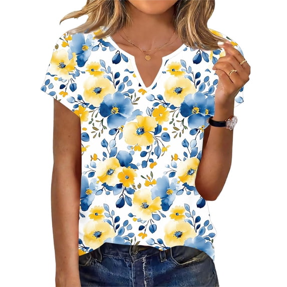 JSheng Women's Summer Printed Tops 2026 Trendy Women's Summer Casual V-neck Short Sleeved Printed T-shirt Tops Z-Yellow