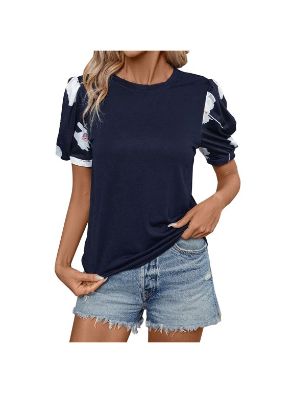 Women's Summer Slim Tops Ladies Casual Bubble Sleeve Round Neck Short Sleeve Blouse