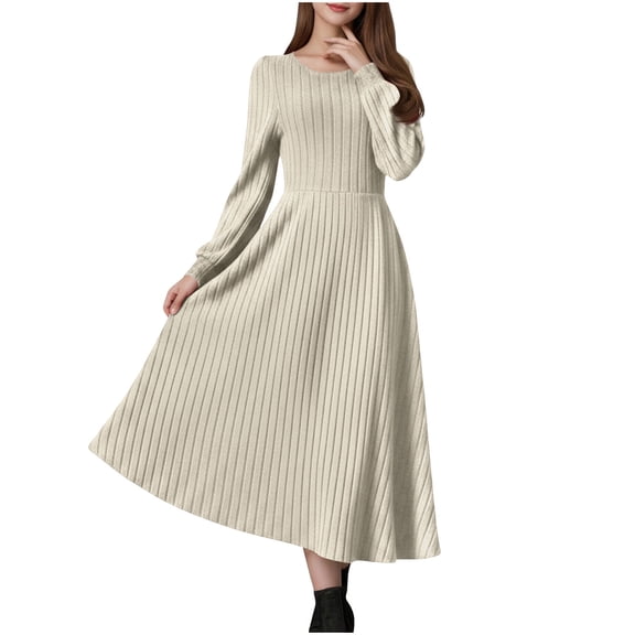 JSheng Women's Sweater Dress Winter Fashion Round Neck Solid Color Casual Long Sleeved Temperament Dresses Beige XXL