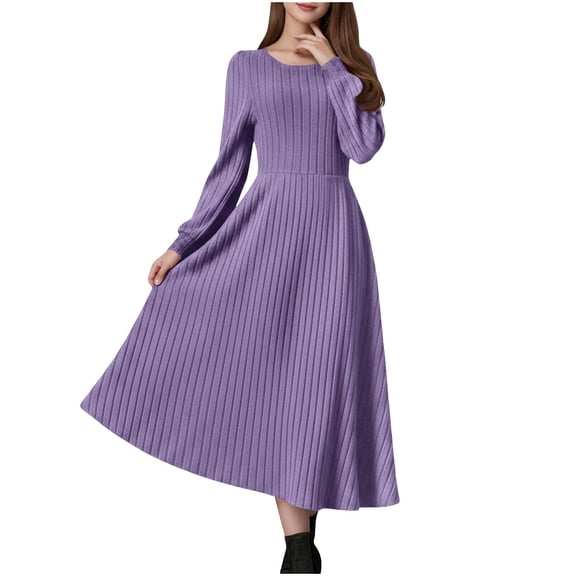 JSheng Women's Sweater Dress Winter Fashion Round Neck Solid Color Casual Long Sleeved Temperament Dresses Purple XXL