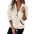 thumbnail image 1 of JSheng Women's Tops Half Zipper Solid Color Lapel Collar Jacquard Long Sleeve Pullover Blouse with Pocket Beige L, 1 of 5