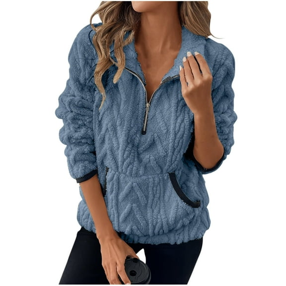 JSheng Women's Tops Half Zipper Solid Color Lapel Collar Jacquard Long Sleeve Pullover Blouse with Pocket Blue M