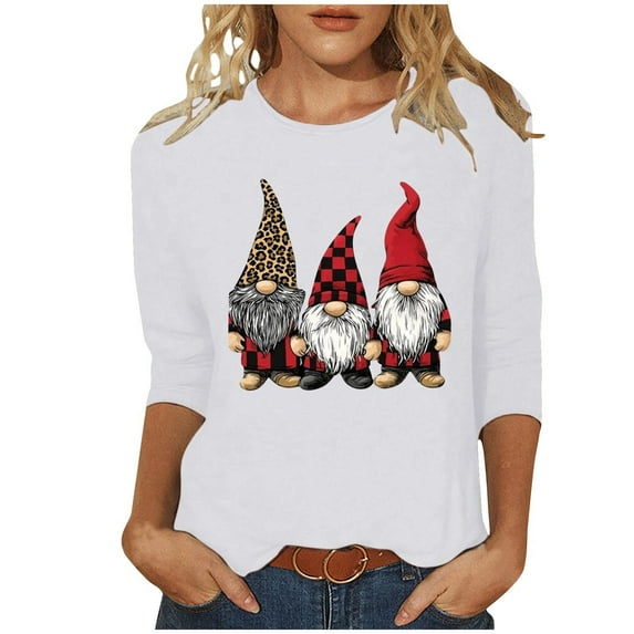 JSheng Women's Tops for Christmas Fashion Christmas Printed Round Neck 3/4 Sleeve T-shirt Loose Comfy Blouse White M