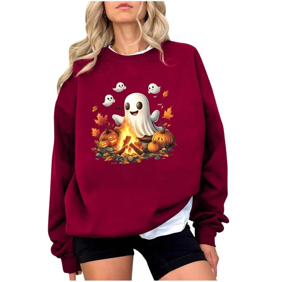 JSheng Women's Tops for Halloween Fashion Printed Crew Neck Long Sleeve Hoodless Sweatshirt Blouse
