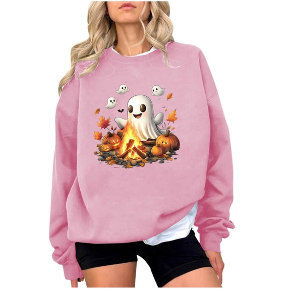 JSheng Women's Tops for Halloween Fashion Printed Crew Neck Long Sleeve Hoodless Sweatshirt Blouse