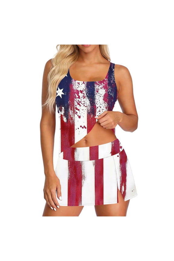 Women's Two Piece Tankini Swimsuit with Independent Day Print and Skirted Bottom Tummy Control Bathing Suit for Summer A-Brown L