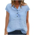 thumbnail image 1 of JSheng Womens Casual Shirts Women's V-neck Button Short Sleeved Shirt New Solid Color Cotton And Linen Tops, 1 of 5
