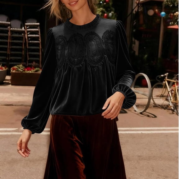 JSheng Women's Velvet Long Sleeve Tops Fashion Ladies Solid Color Lace Panel Velvet Round Neck Loose Blouse Black S