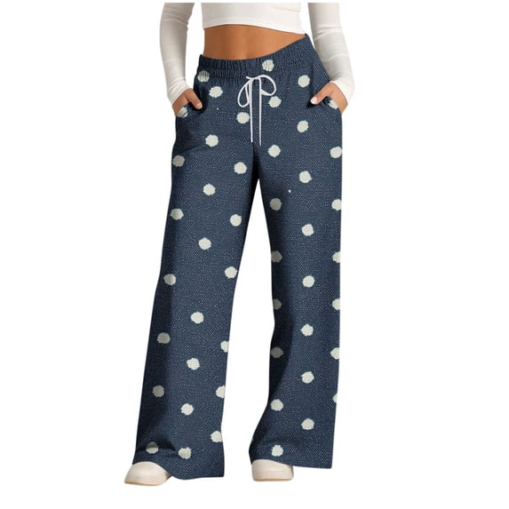 JSheng Women's Wide Leg Sweat Pants Plus Size Fashionable Printed Drawstring Elastic Waist Loose Casual Pocket Sweatpants A-Dark Blue L