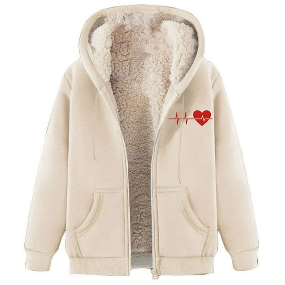 JSheng Women's Winter Fleece Hoodies Fashion Heart Printed Hooded Sweatshirt Pocket Zip up Outwear Tops