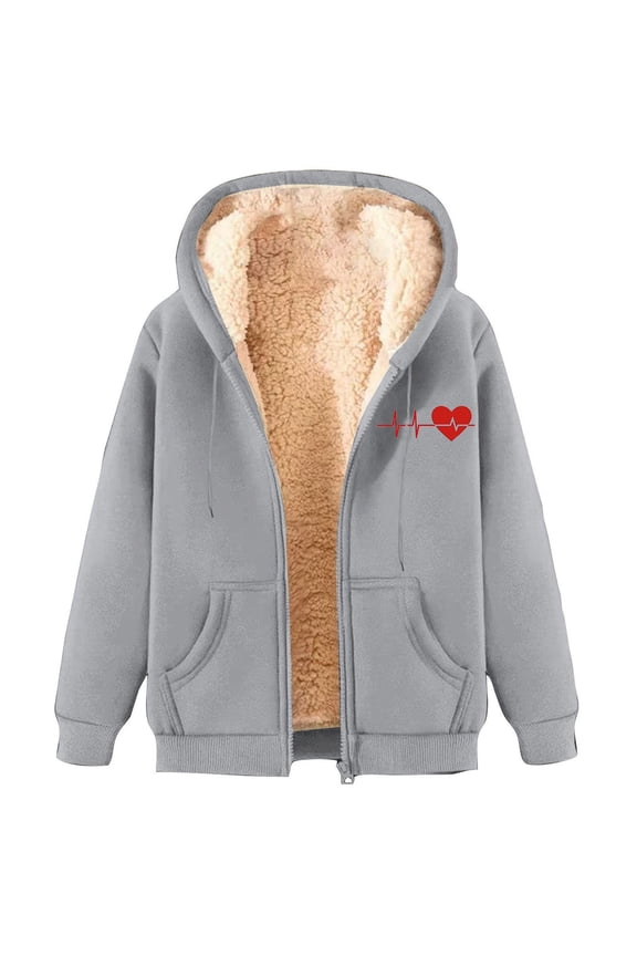 Women's Winter Fleece Hoodies Fashion Heart Printed Hooded Sweatshirt Pocket Zip up Outwear Tops