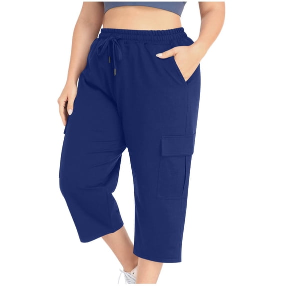 JSheng Women's and Women's Plus Sweatpants Summer Ladies Plus Size Casual Solid Color Drawstring Mutiple Pockets Cropped Pants Blue XXXL
