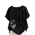 thumbnail image 1 of JSheng Womens Casual Linen Tops Summer Classic Print V-Neck Button Down T-Shirts Loose Short Sleeve Blouses Black XL, 1 of 5
