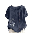 thumbnail image 1 of JSheng Womens Casual Linen Tops Summer Classic Print V-Neck Button Down T-Shirts Loose Short Sleeve Blouses Navy M, 1 of 5