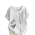 thumbnail image 1 of JSheng Womens Casual Linen Tops Summer Classic Print V-Neck Button Down T-Shirts Loose Short Sleeve Blouses White XXXL, 1 of 5