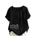 thumbnail image 1 of JSheng Womens Casual Linen Tops Summer Classic Print V-Neck Button Down T-Shirts Loose Short Sleeve Blouses ZA-Black XL, 1 of 5
