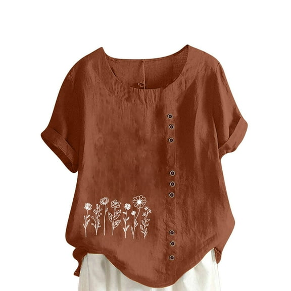 JSheng Womens Casual Linen Tops Summer Classic Print V-Neck Button Down T-Shirts Loose Short Sleeve Blouses ZA-Coffee M
