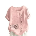 thumbnail image 1 of JSheng Womens Casual Linen Tops Summer Classic Print V-Neck Button Down T-Shirts Loose Short Sleeve Blouses ZA-Pink XXXXXL, 1 of 5