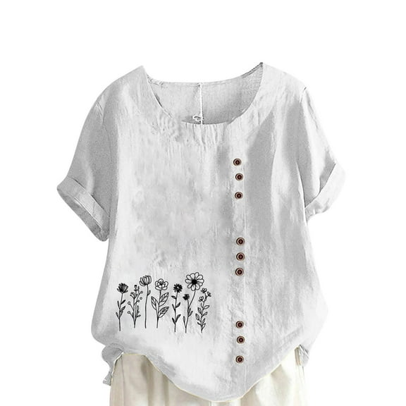 JSheng Womens Casual Linen Tops Summer Classic Print V-Neck Button Down T-Shirts Loose Short Sleeve Blouses ZA-White XXXL