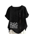 thumbnail image 1 of JSheng Womens Casual Linen Tops Summer Classic Print V-Neck Button Down T-Shirts Loose Short Sleeve Blouses ZB-Black XXXXL, 1 of 5