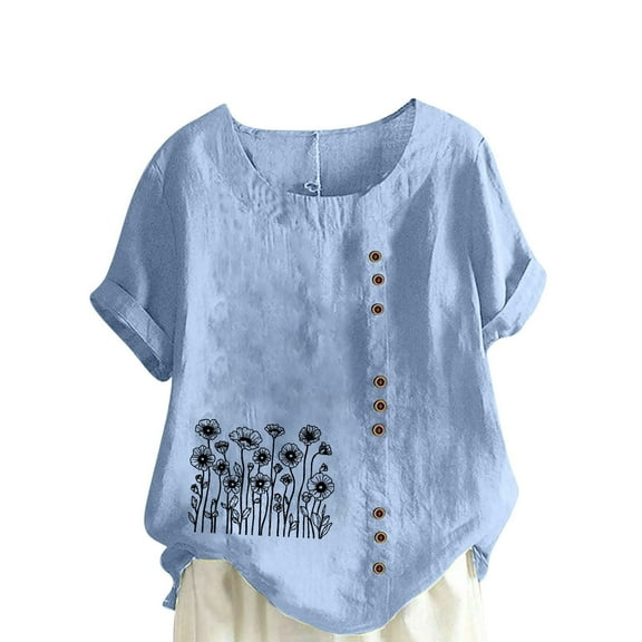 JSheng Womens Casual Linen Tops Summer Classic Print V-Neck Button Down T-Shirts Loose Short Sleeve Blouses ZB-Light Blue XXXL