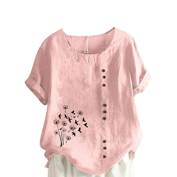 JSheng Womens Casual Linen Tops Summer Classic Print V-Neck Button Down T-Shirts Loose Short Sleeve Blouses ZD-Pink XXL