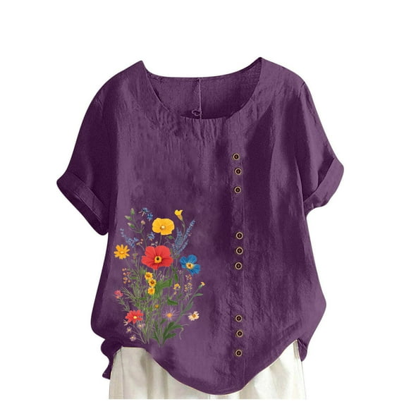 JSheng Womens Casual Linen Tops Summer Classic Print V-Neck Button Down T-Shirts Loose Short Sleeve Blouses ZG-Purple XXL